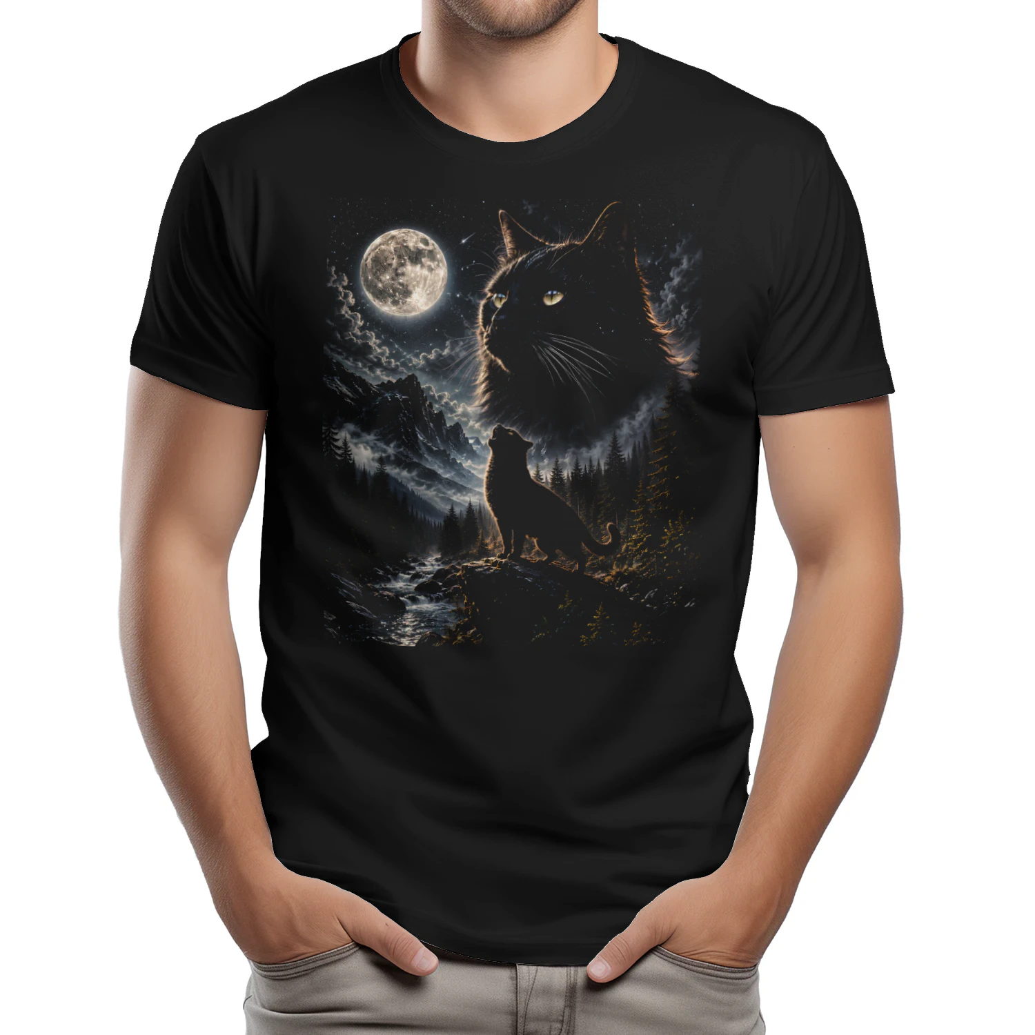 Black Cat Howling at Moon 90s Retro Vintage Cat Lover  - Classic Unisex T-shirt
