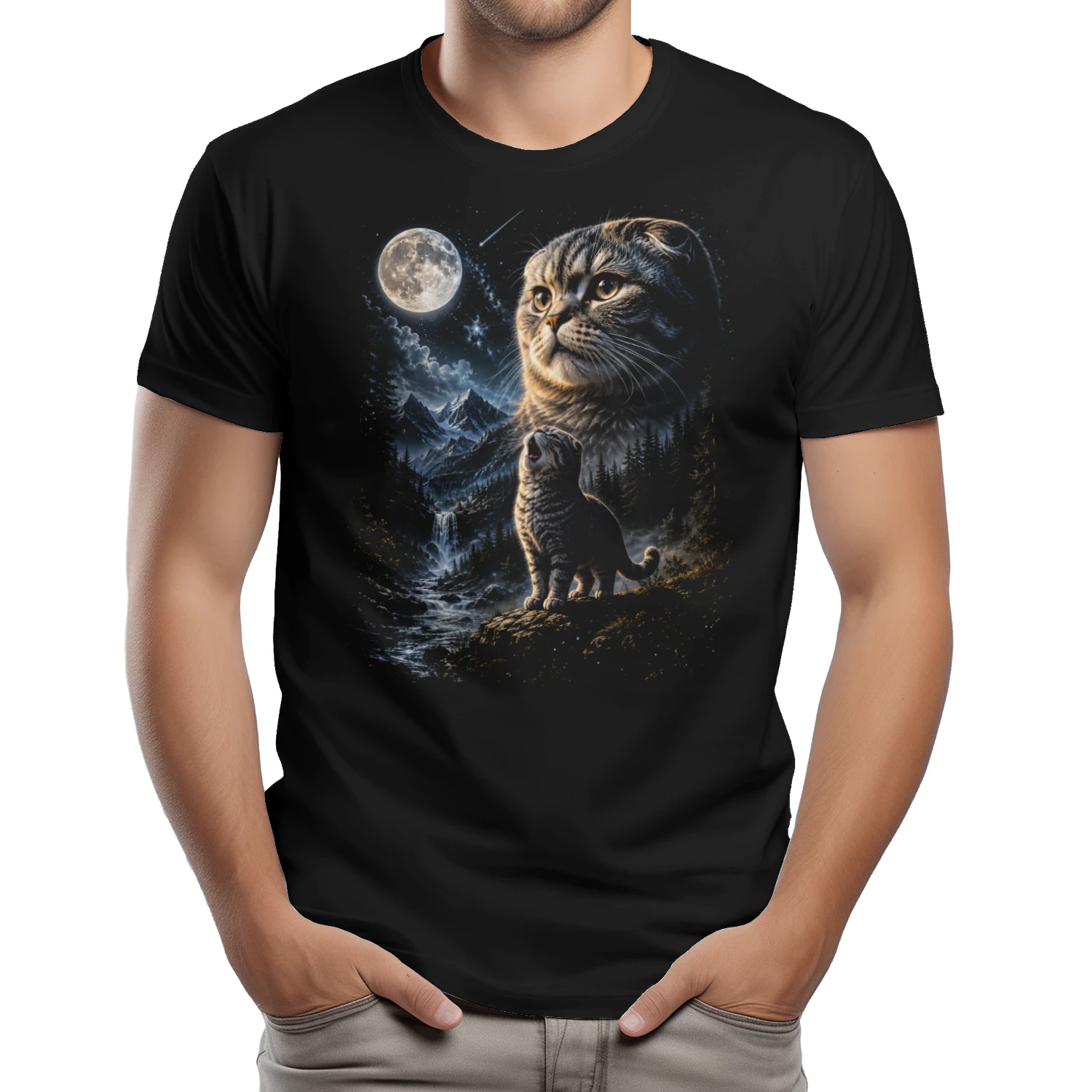 Scottish Fold Cat Howling at Moon 90s Retro Vintage Cat Lover  - Classic Unisex T-shirt