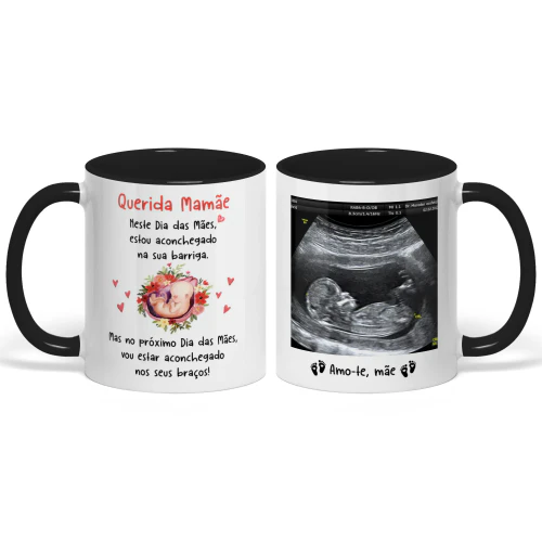Caneca Bicolor Personalizada Para Futura Mãe | Primeiro Presente Dia das Mães Para Gestante | Caneca de Café Personalizada Com Imagem de Ultrassom