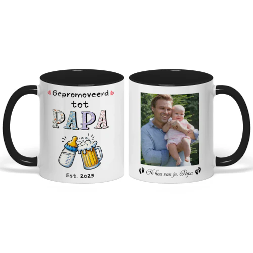 Gepersonaliseerde tweekleurige mok voor eerstekeer vader | Eerste Vaderdag cadeau voor nieuwe papa | Bevorderd tot papa
