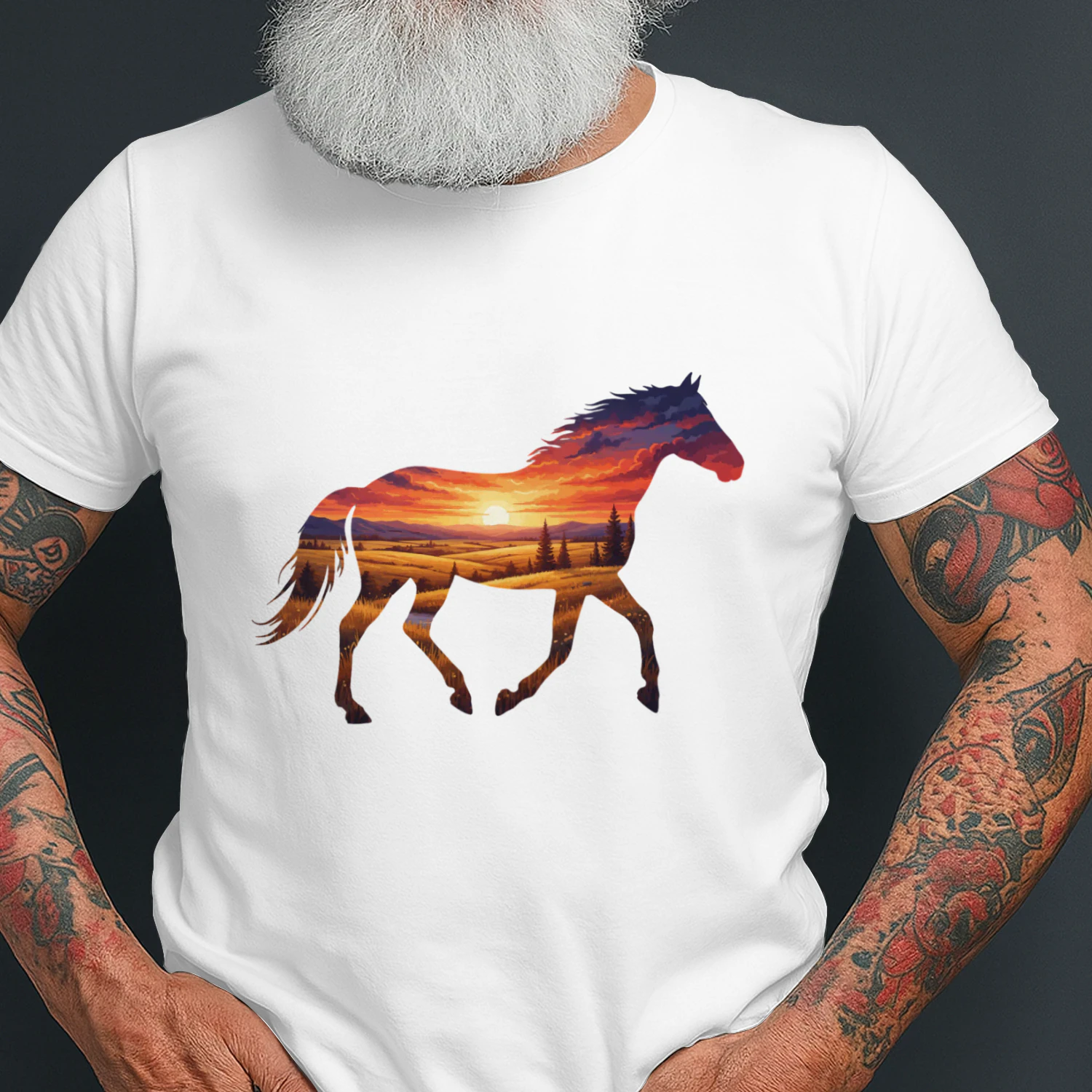 Majestic Horse Silhouette Countryside Sunset Fields Double Exposure Graphic