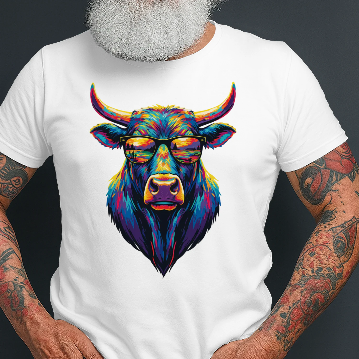 Cool Colorful Bull Wearing Black Sunglasses Pop Art Retro Bull Head Graphic