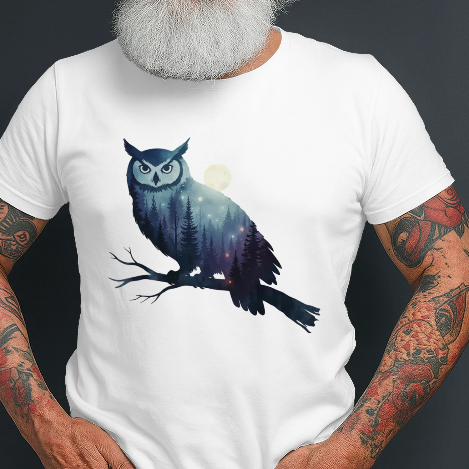 Majestic Owl Silhouette Night Forest Full Moon Double Exposure Graphic