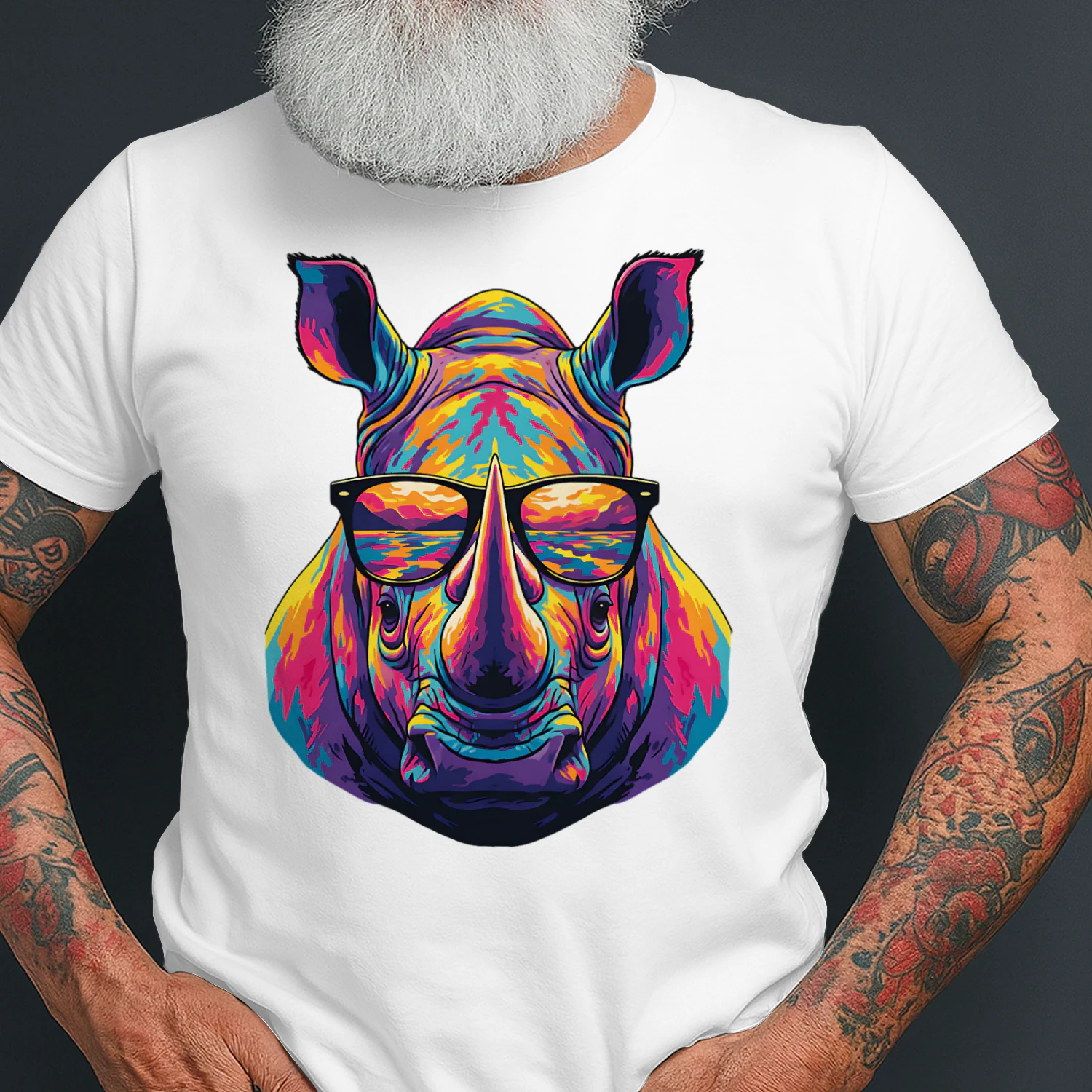 Cool Colorful Rhino Wearing Black Sunglasses Pop Art Retro Rhinoceros Graphic
