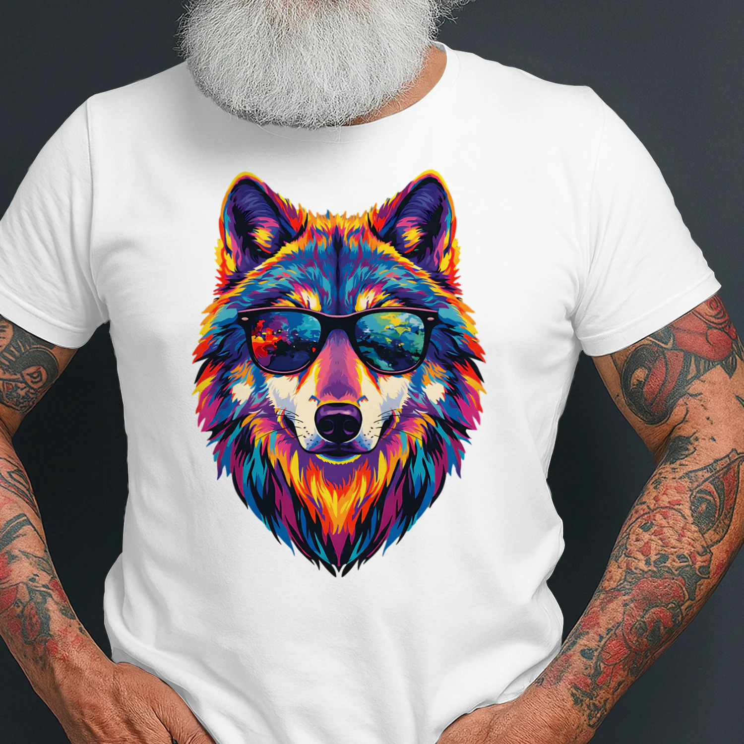 Cool Colorful Wolf Wearing Black Sunglasses Pop Art Retro Wolf Head Graphic