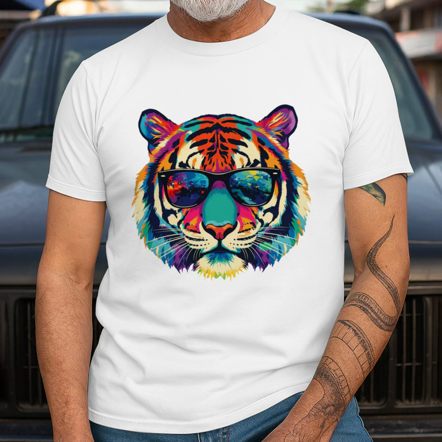 Cool Colorful Tiger Wearing Black Sunglasses Pop Art Retro Tiger Head Graphic