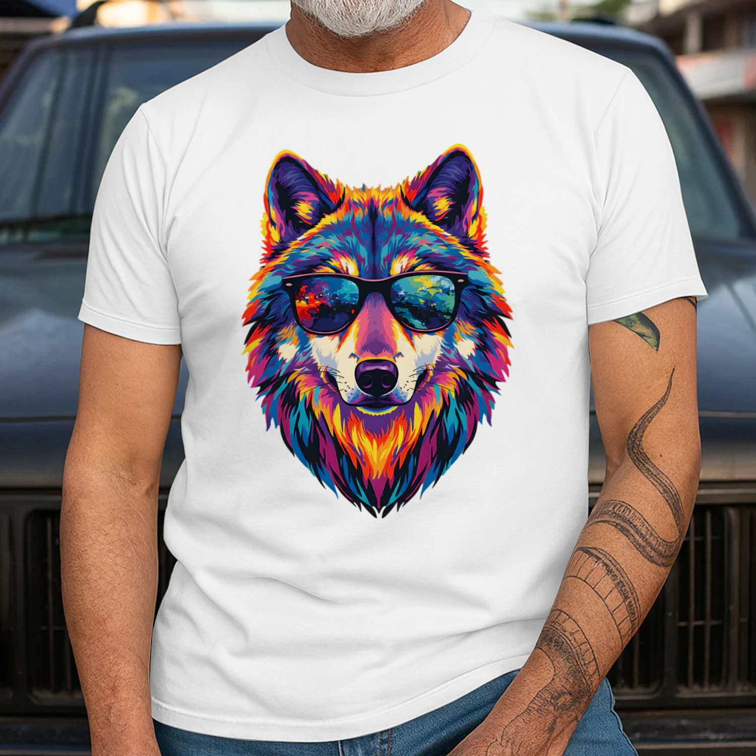 Cool Colorful Wolf Wearing Black Sunglasses Pop Art Retro Wolf Head Graphic