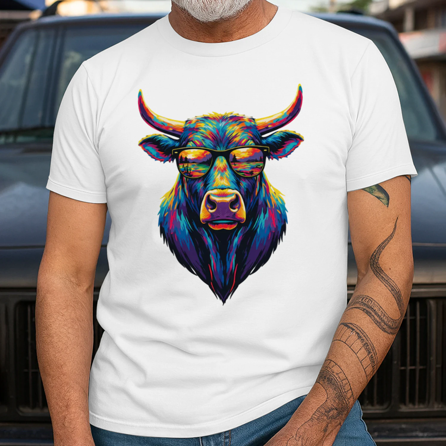 Cool Colorful Bull Wearing Black Sunglasses Pop Art Retro Bull Head Graphic