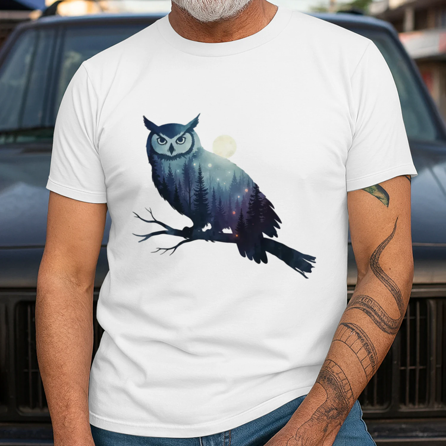 Majestic Owl Silhouette Night Forest Full Moon Double Exposure Graphic
