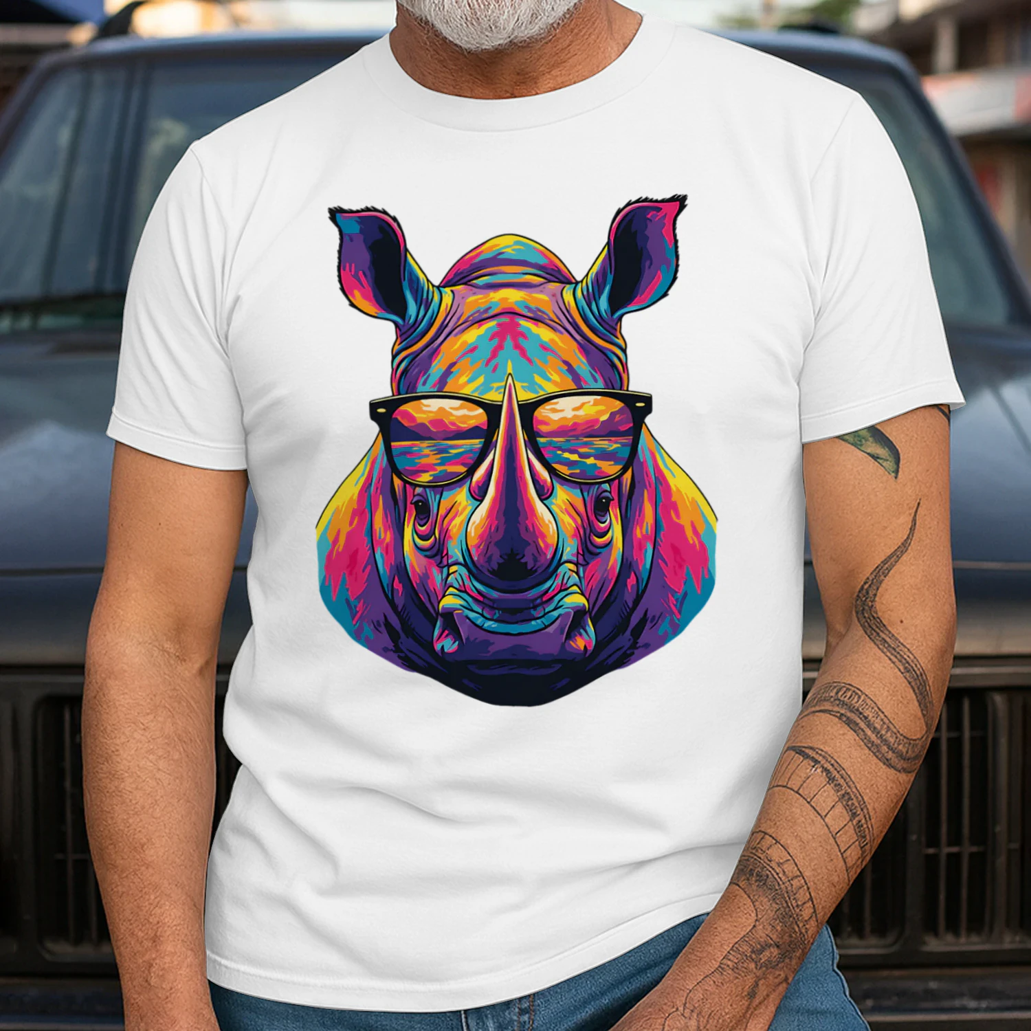 Cool Colorful Rhino Wearing Black Sunglasses Pop Art Retro Rhinoceros Graphic