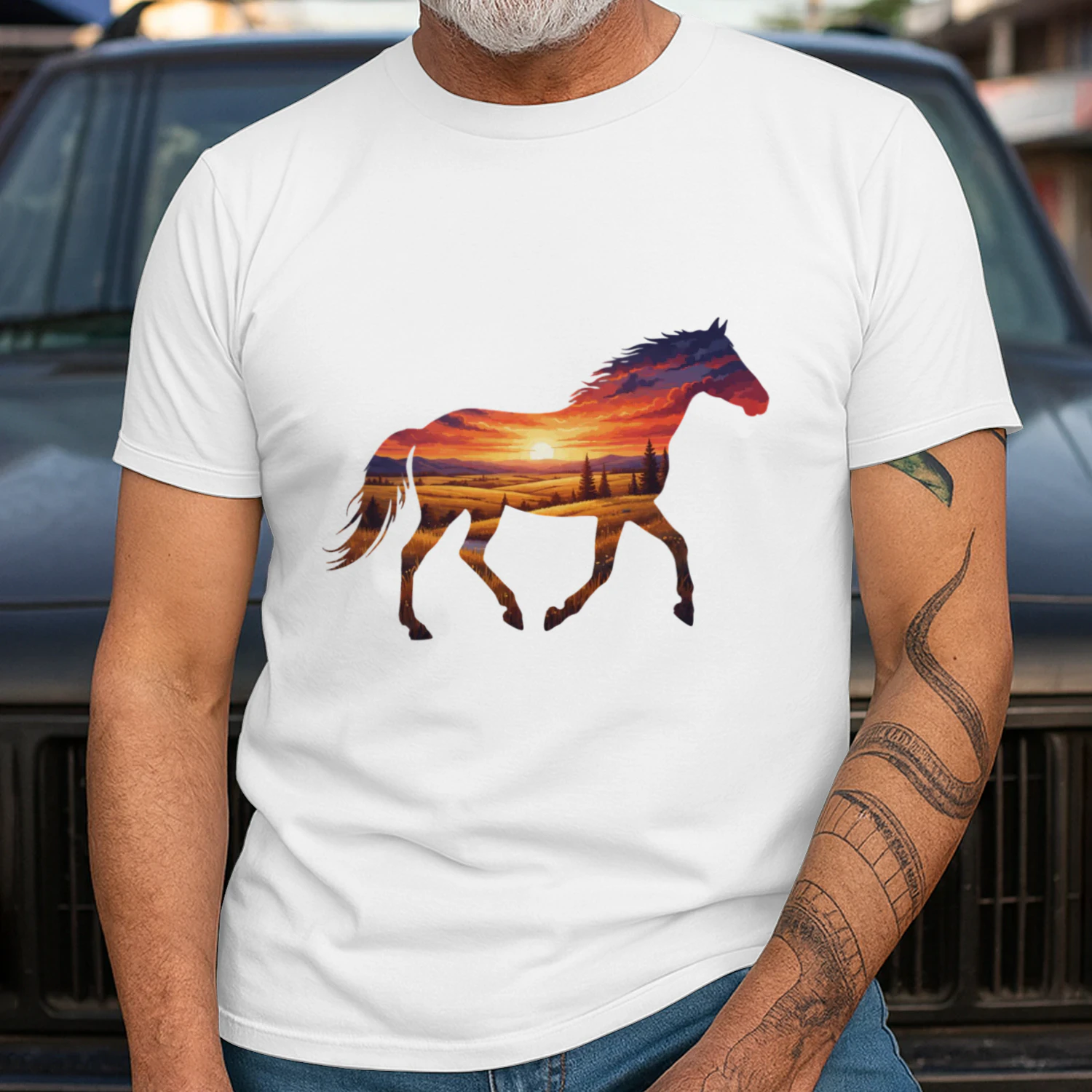 Majestic Horse Silhouette Countryside Sunset Fields Double Exposure Graphic