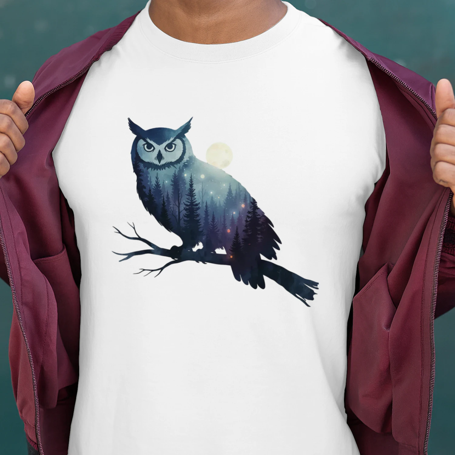 Majestic Owl Silhouette Night Forest Full Moon Double Exposure Graphic