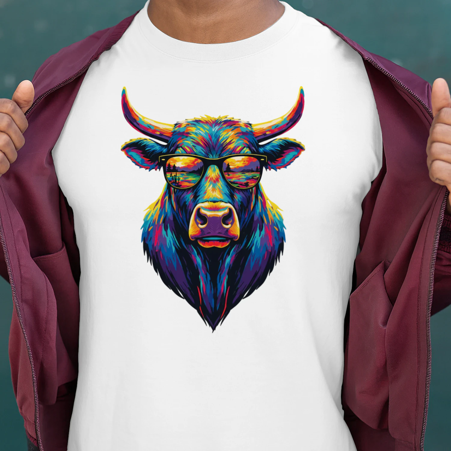 Cool Colorful Bull Wearing Black Sunglasses Pop Art Retro Bull Head Graphic