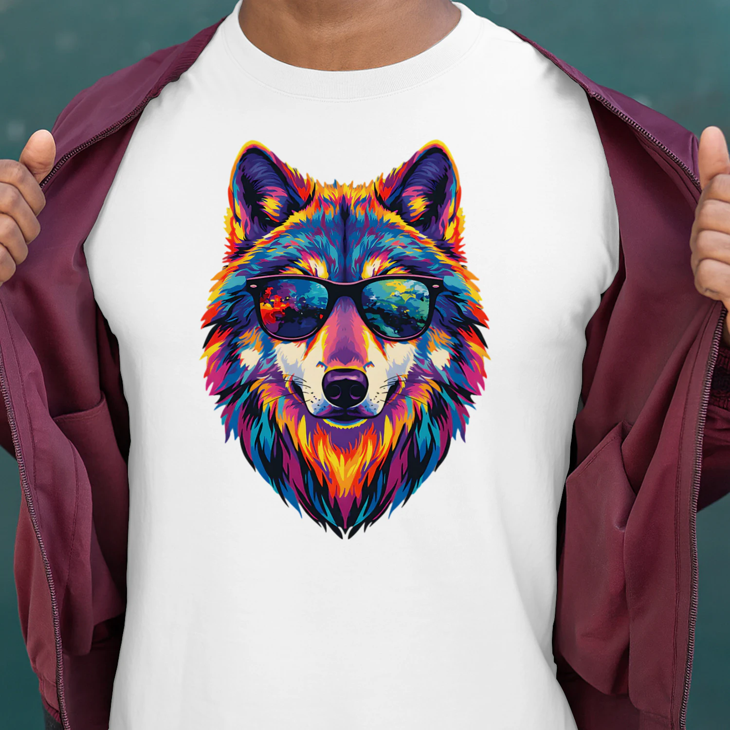 Cool Colorful Wolf Wearing Black Sunglasses Pop Art Retro Wolf Head Graphic