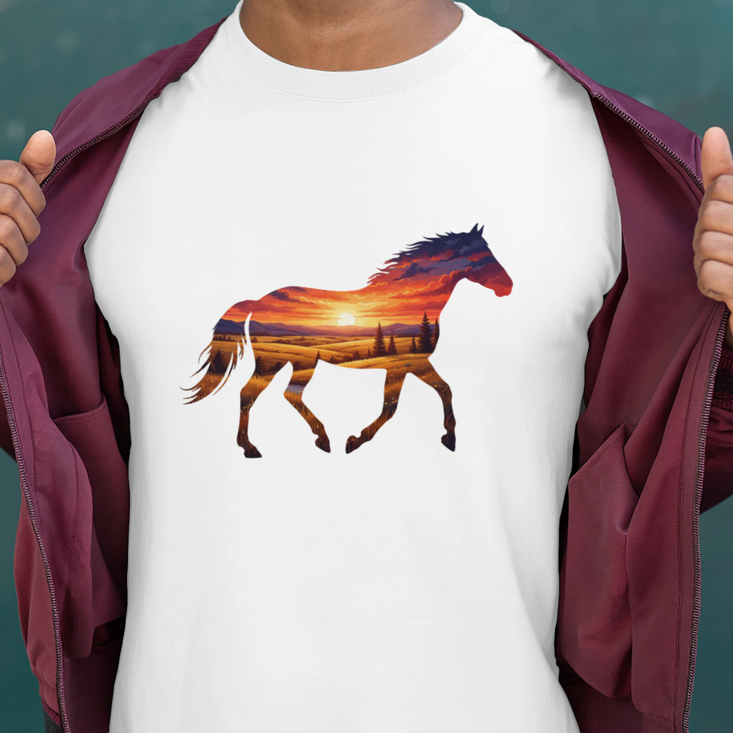 Majestic Horse Silhouette Countryside Sunset Fields Double Exposure Graphic