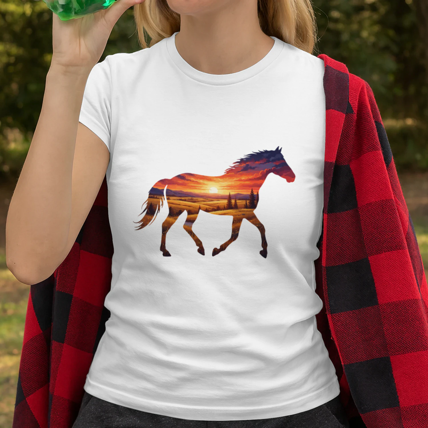 Majestic Horse Silhouette Countryside Sunset Fields Double Exposure Graphic