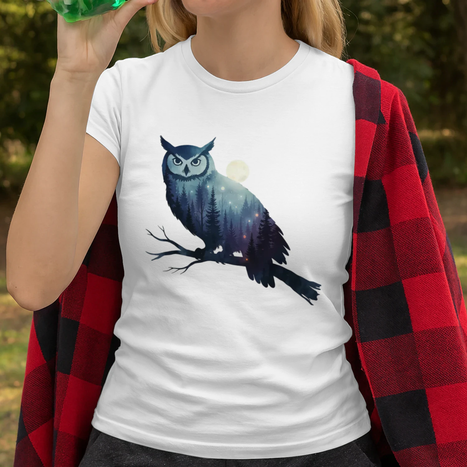 Majestic Owl Silhouette Night Forest Full Moon Double Exposure Graphic