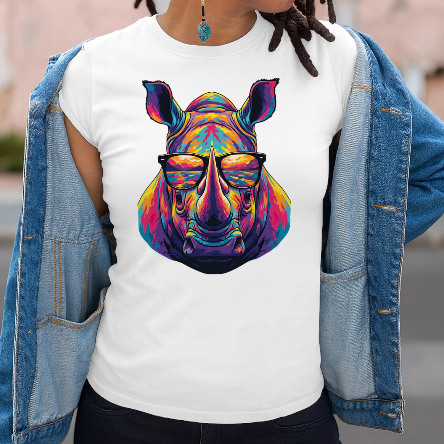 Cool Colorful Rhino Wearing Black Sunglasses Pop Art Retro Rhinoceros Graphic