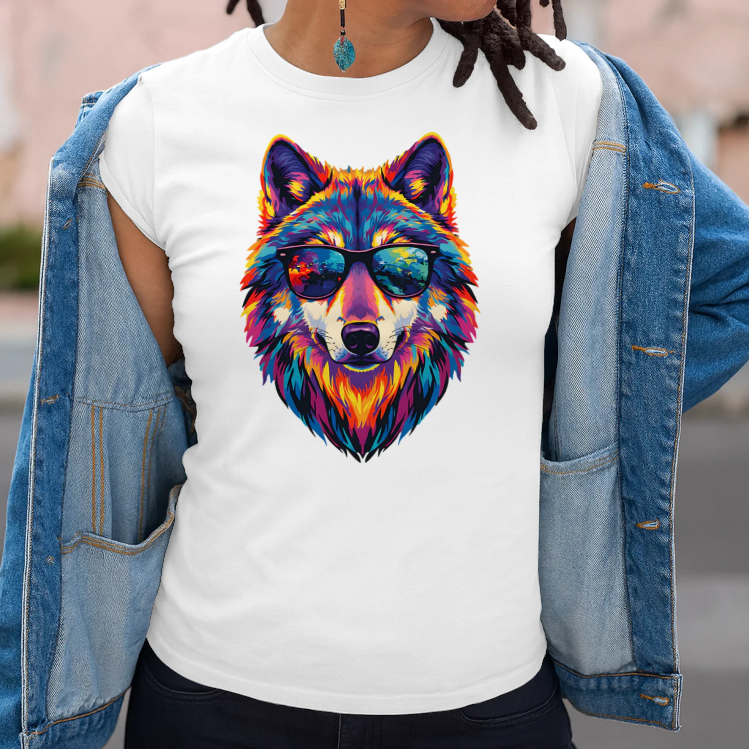 Cool Colorful Wolf Wearing Black Sunglasses Pop Art Retro Wolf Head Graphic