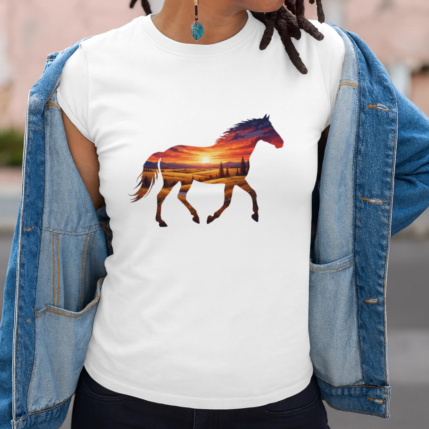 Majestic Horse Silhouette Countryside Sunset Fields Double Exposure Graphic