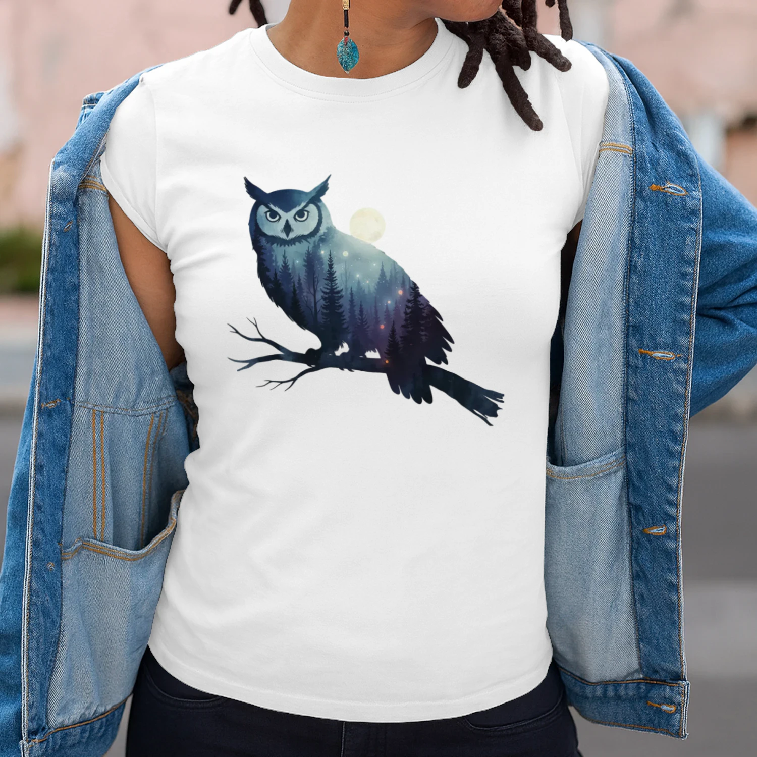 Majestic Owl Silhouette Night Forest Full Moon Double Exposure Graphic