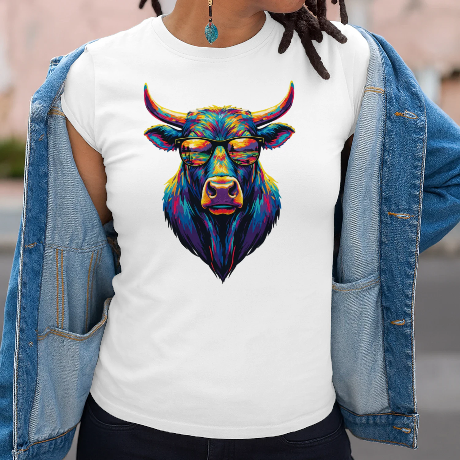 Cool Colorful Bull Wearing Black Sunglasses Pop Art Retro Bull Head Graphic