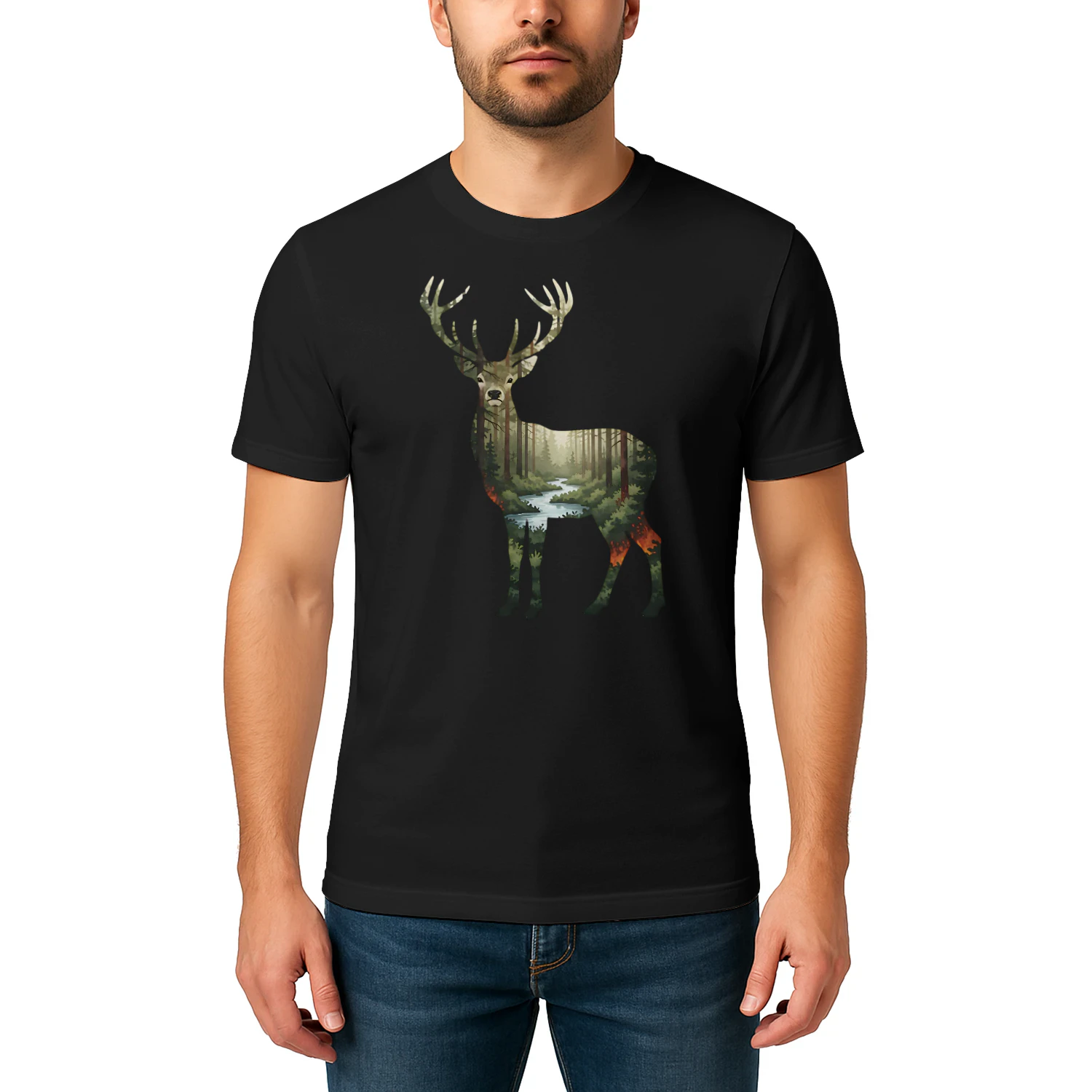 Majestic Buck Deer Silhouette Pine Forest River Stream Double Exposure Graphic