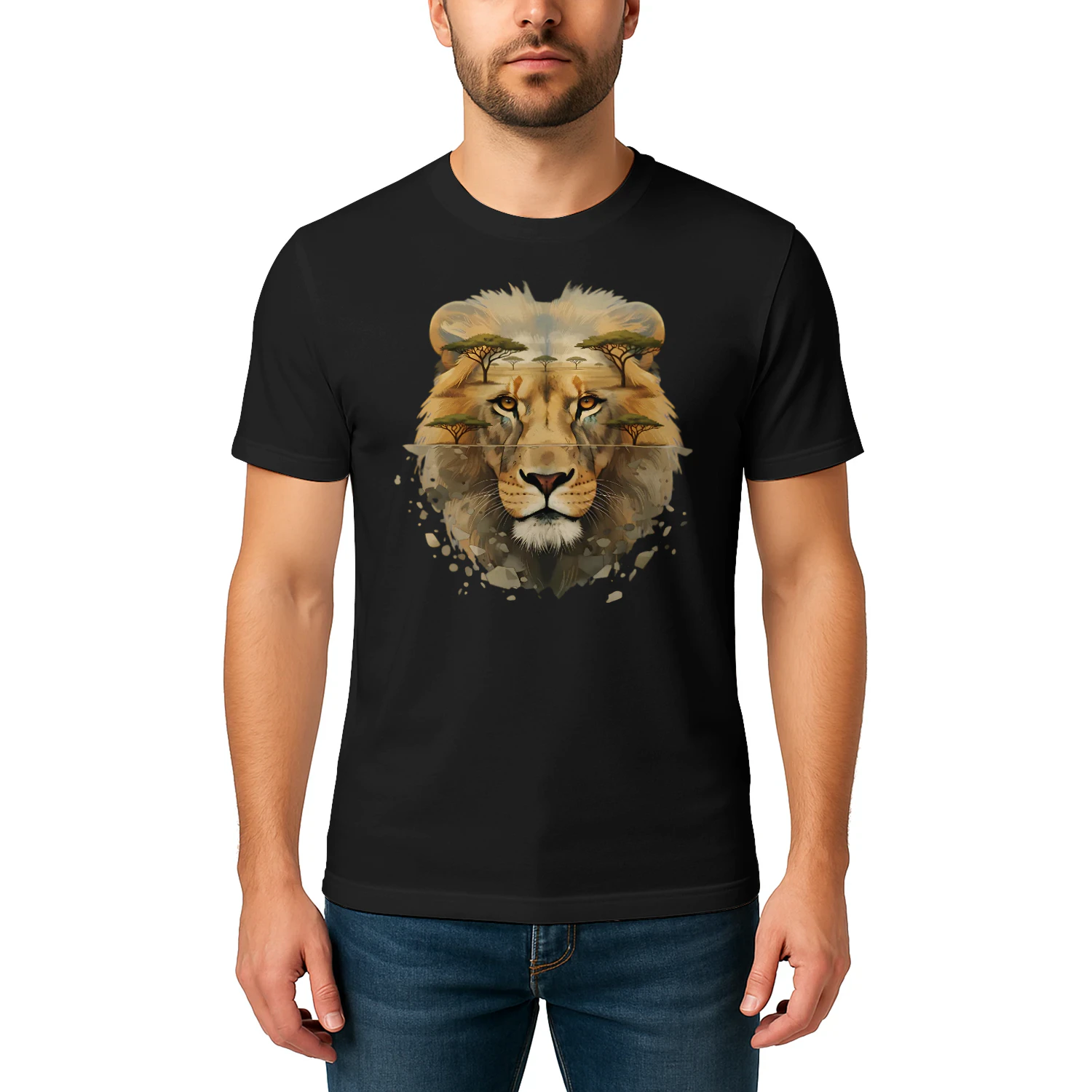 Majestic Lion African Savannah Acacia Trees Double Exposure Graphic