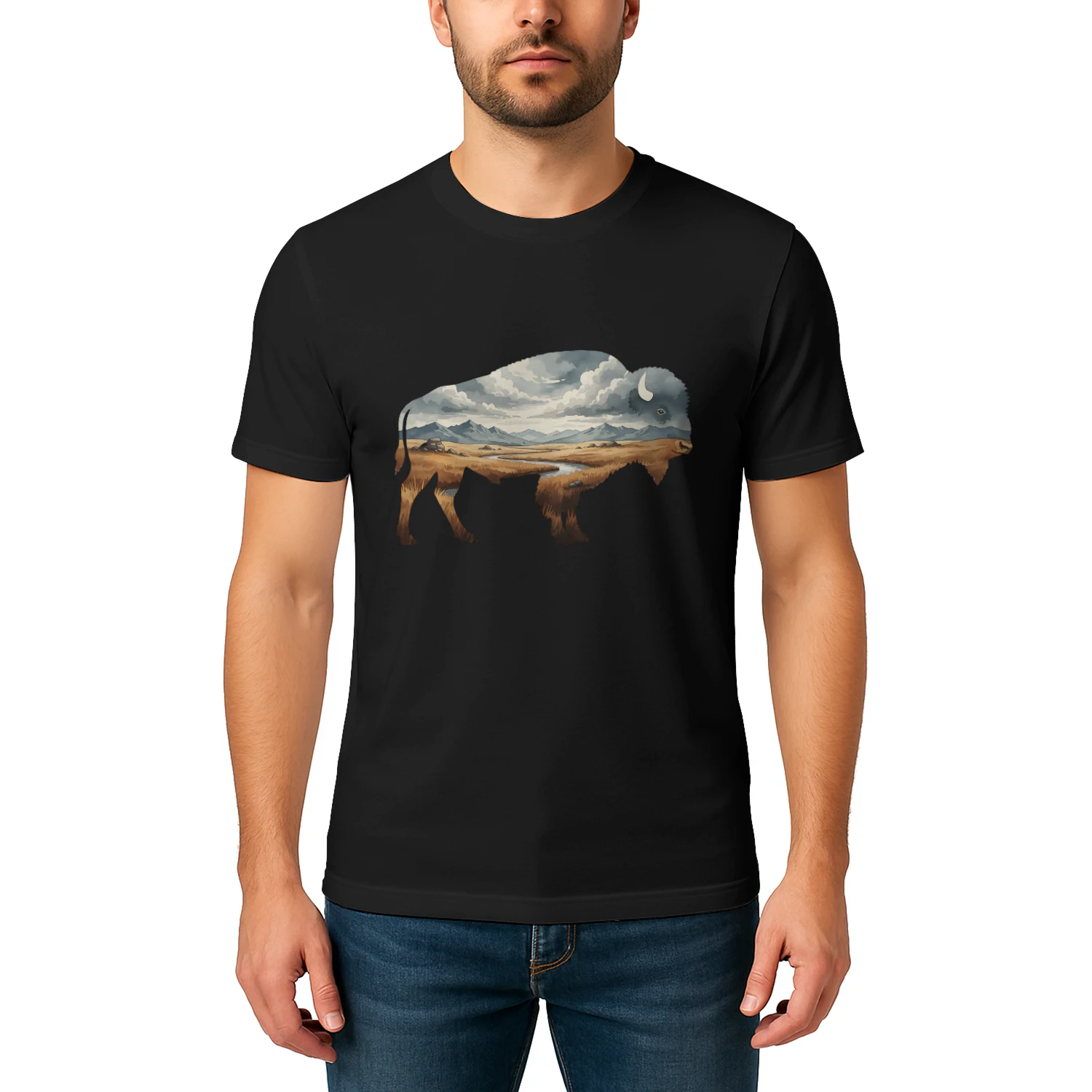 Majestic American Bison Buffalo Silhouette Great Plains Mountain River Double Exposure Graphic