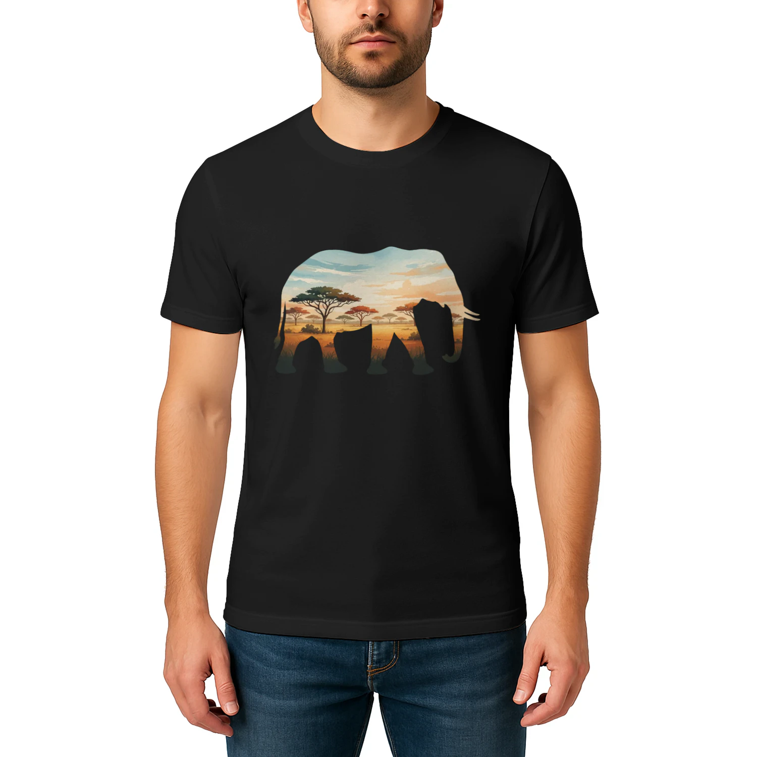 Majestic Elephant Silhouette African Savannah Sunset Acacia Trees Double Exposure Graphic