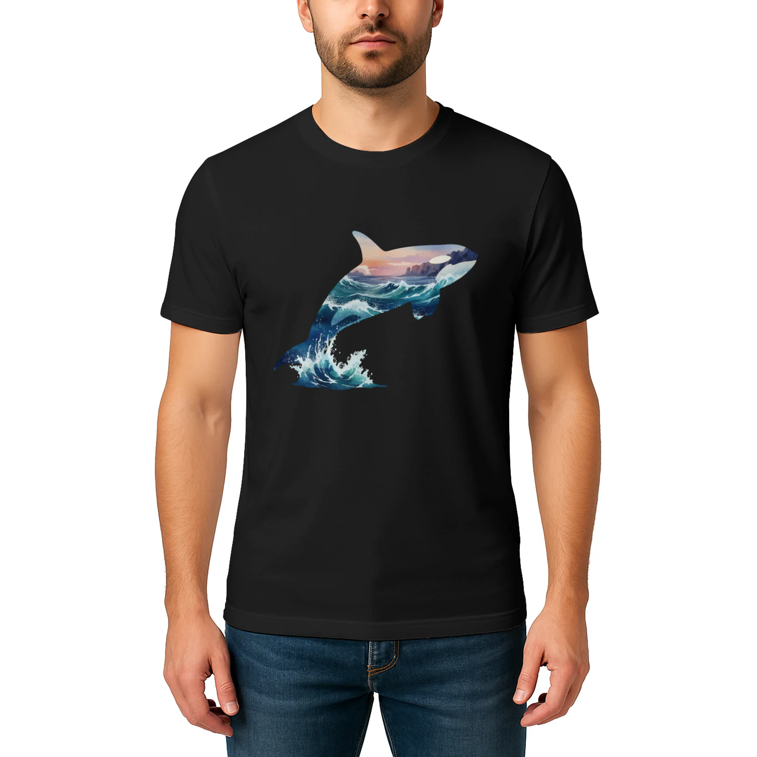 Majestic Jumping Orca Killer Whale Ocean Waves Sunset Double Exposure Graphic