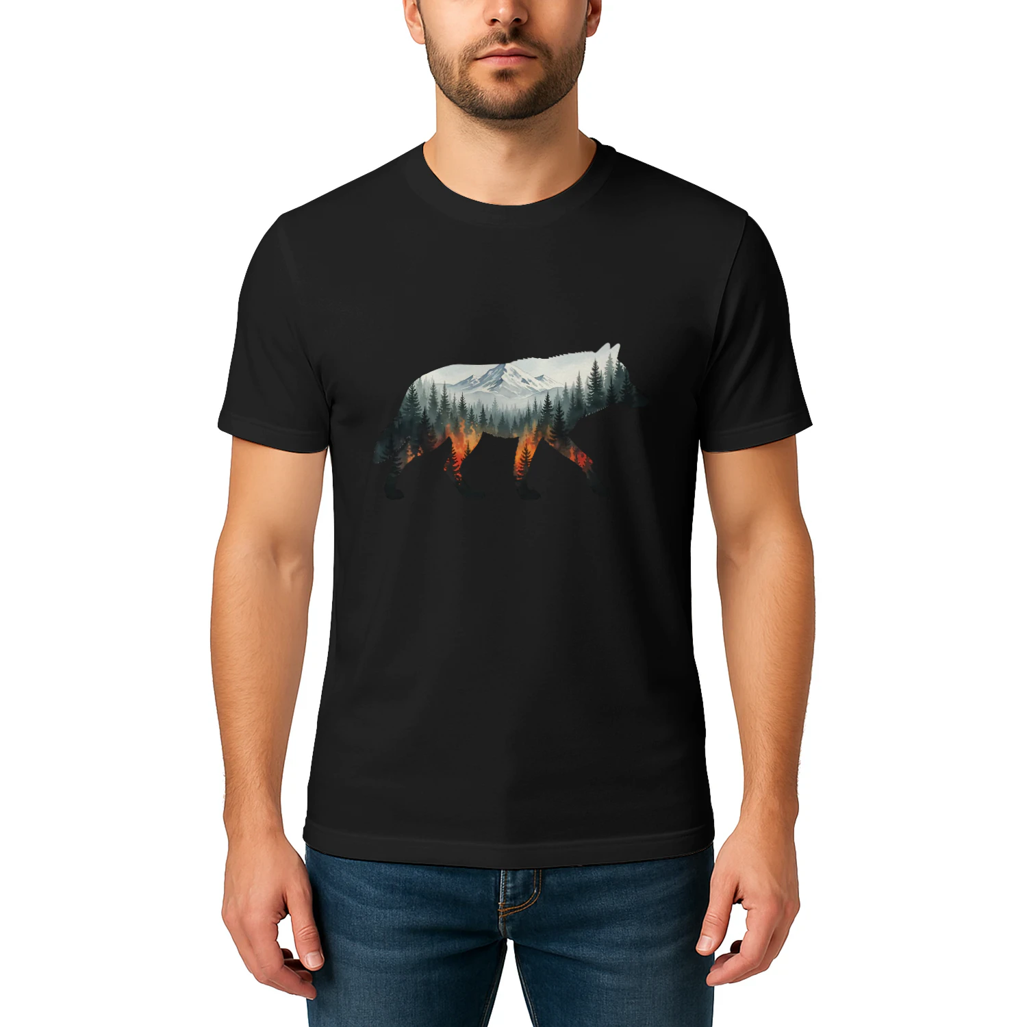 Majestic Wolf Silhouette Mountain Forest Fire Double Exposure Graphic