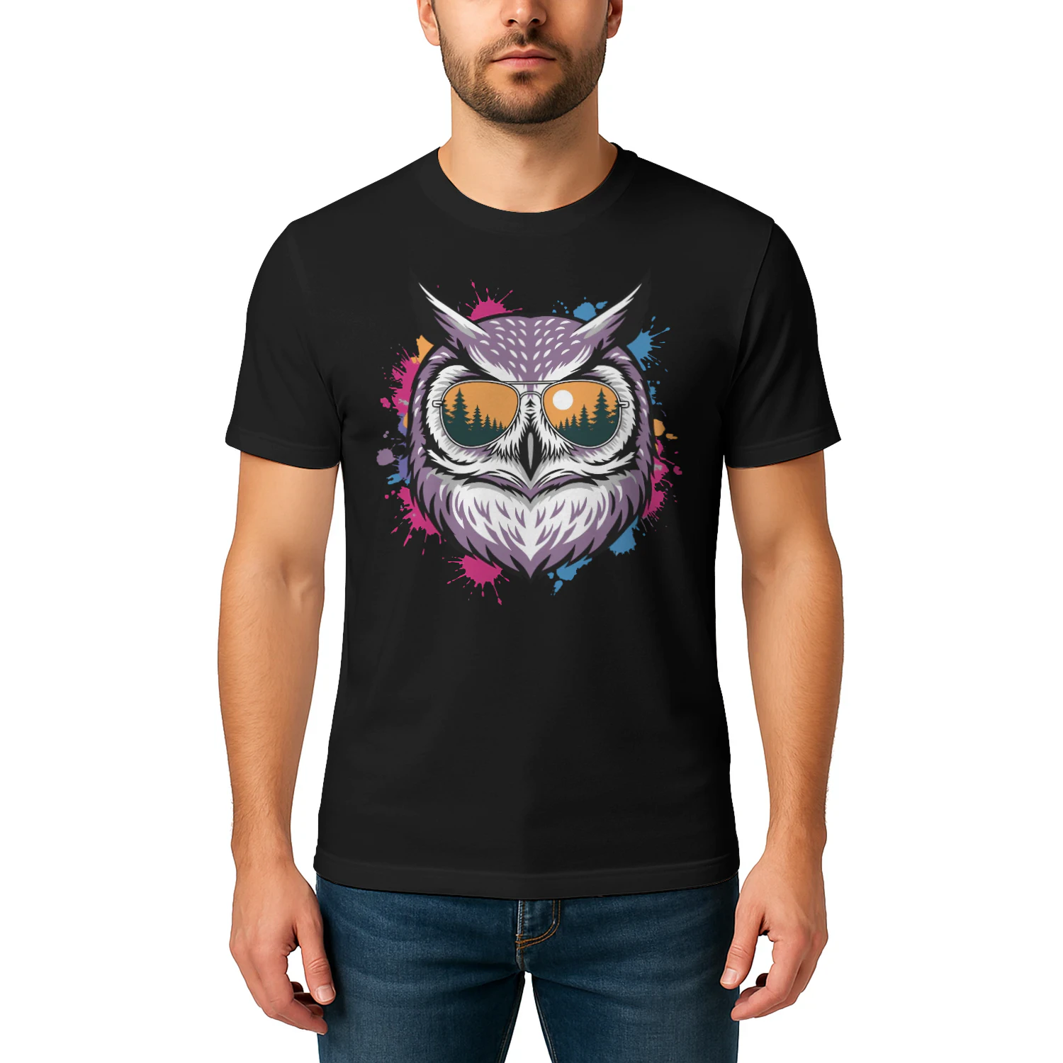 Colorful Owl Aviator Sunglasses Paint Splatter Sunset Forest