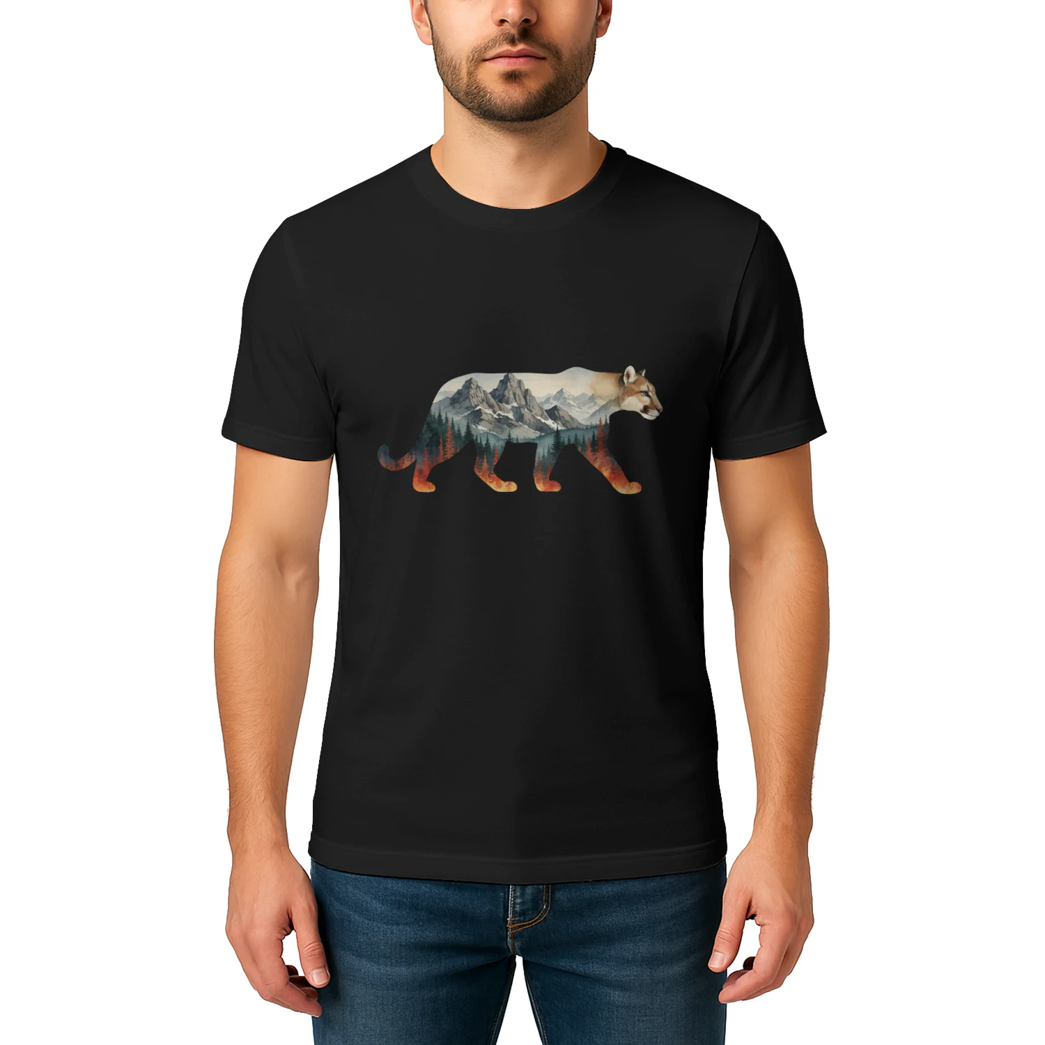 Majestic Mountain Lion Cougar Silhouette Mountain Forest Double Exposure Graphic