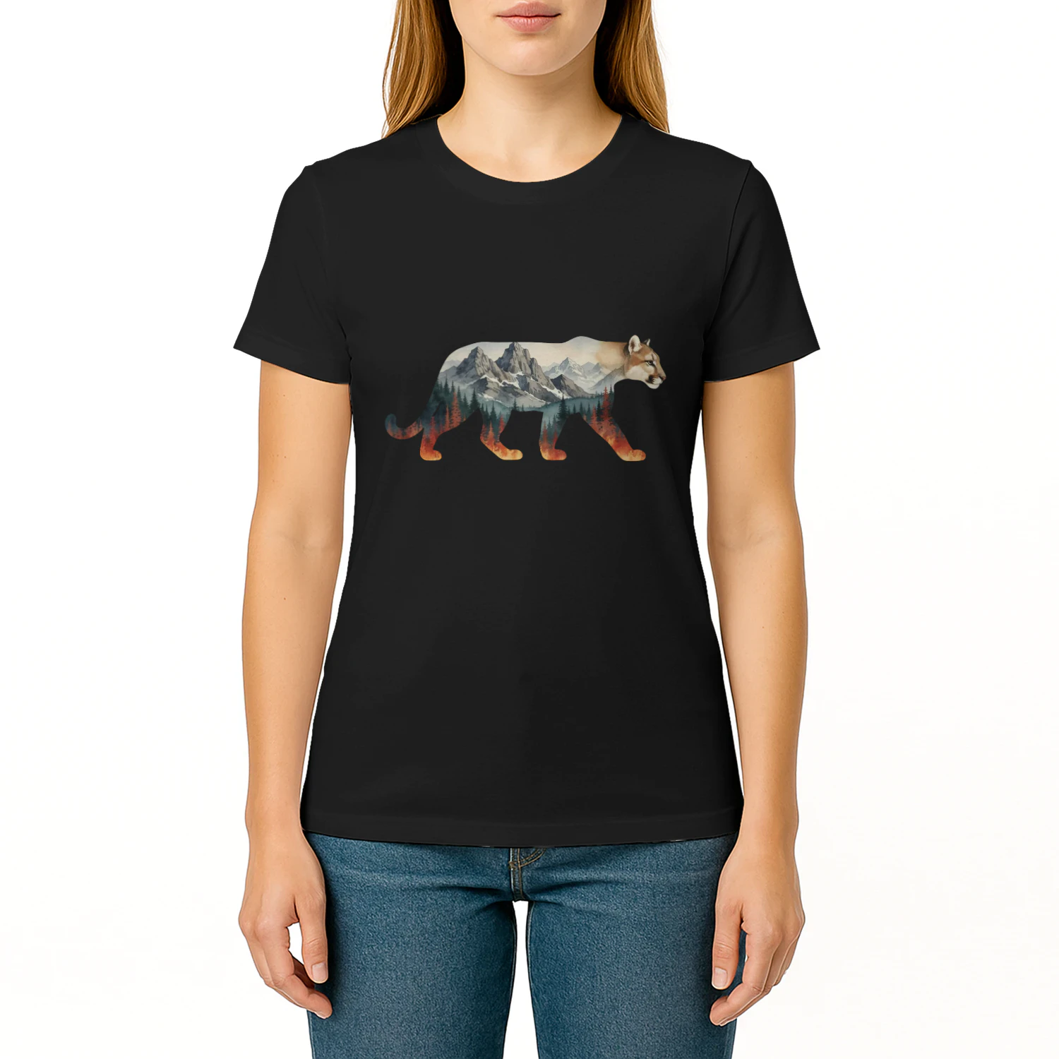 Majestic Mountain Lion Cougar Silhouette Mountain Forest Double Exposure Graphic