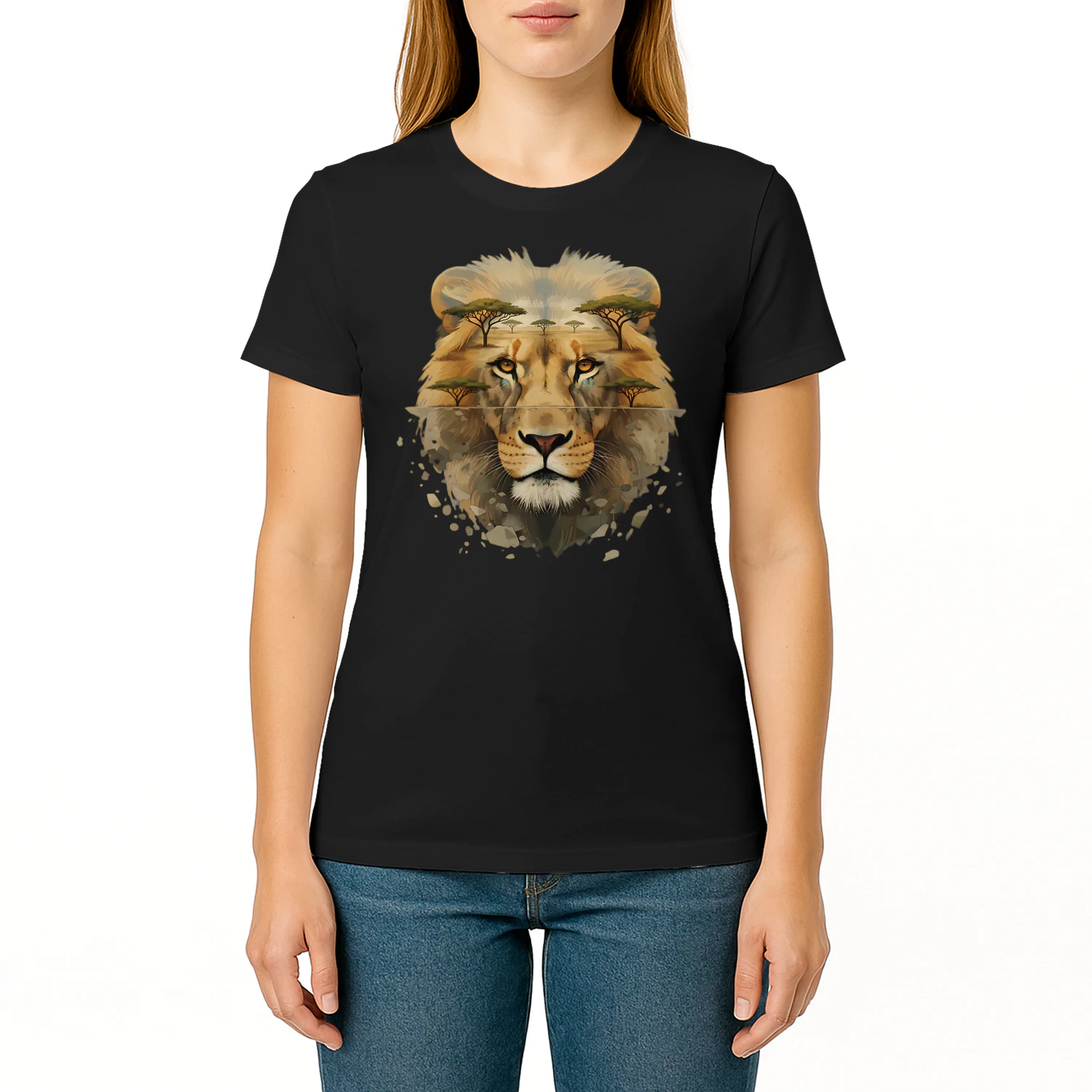 Majestic Lion African Savannah Acacia Trees Double Exposure Graphic