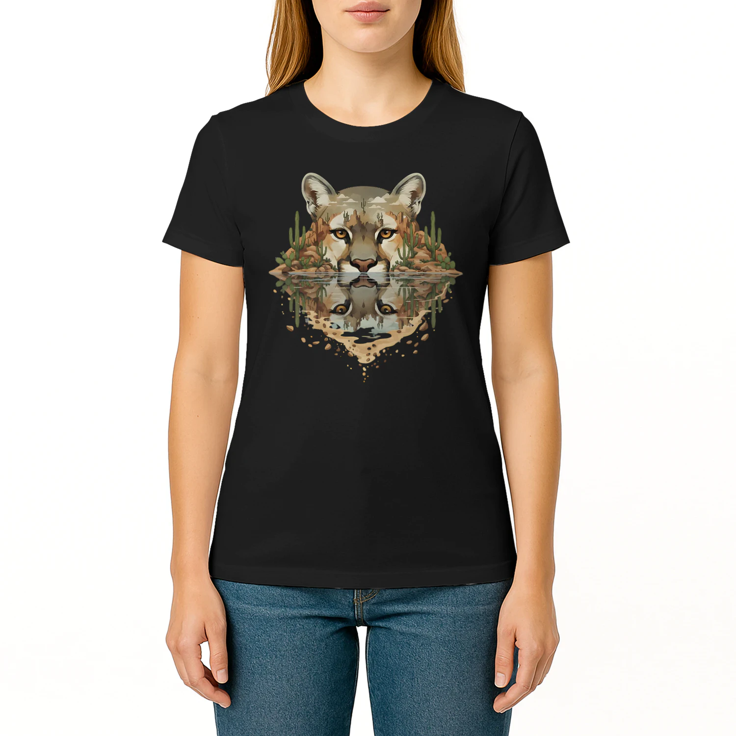 Cougar Mountain Lion Desert Cactus Water Reflection Double Exposure Graphic
