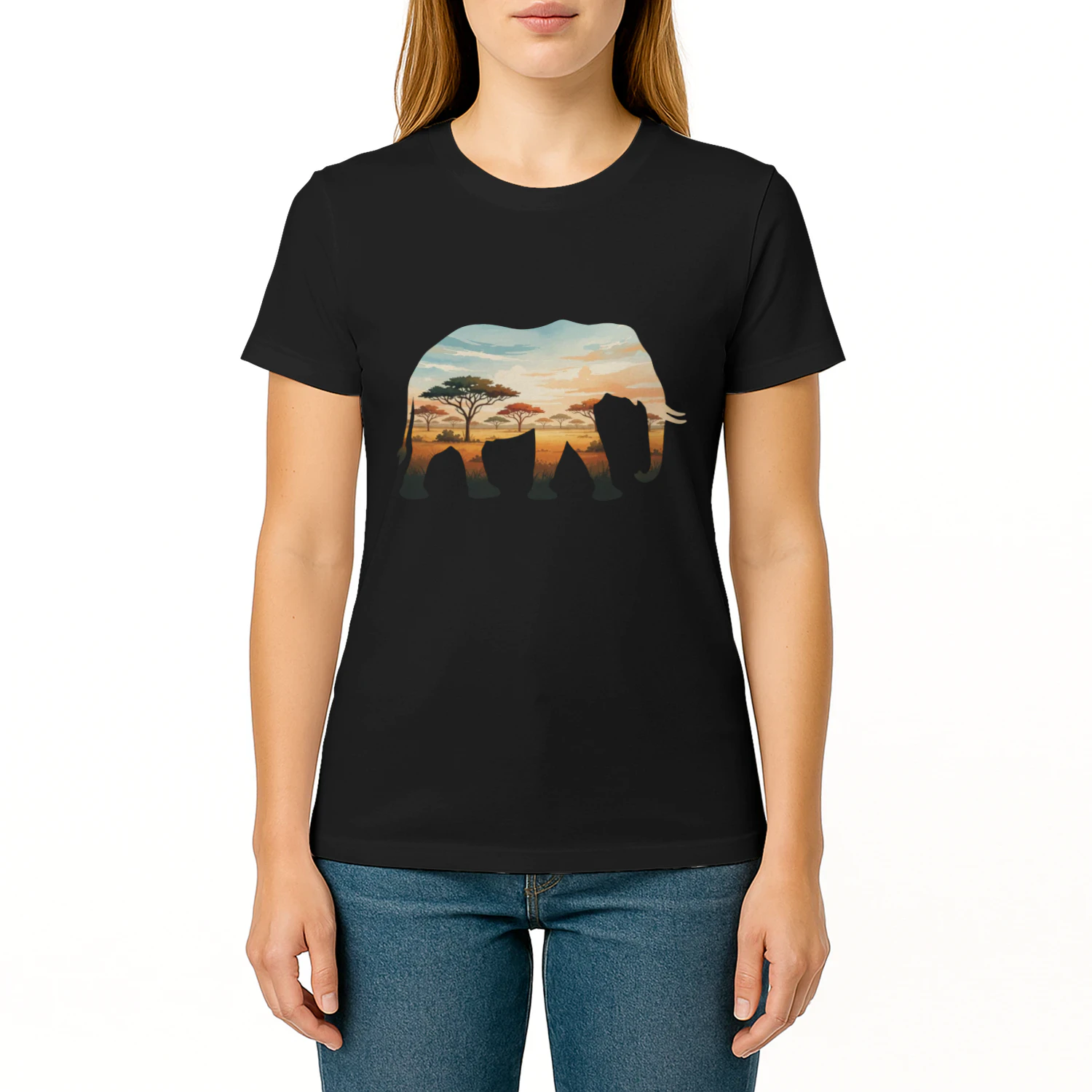 Majestic Elephant Silhouette African Savannah Sunset Acacia Trees Double Exposure Graphic