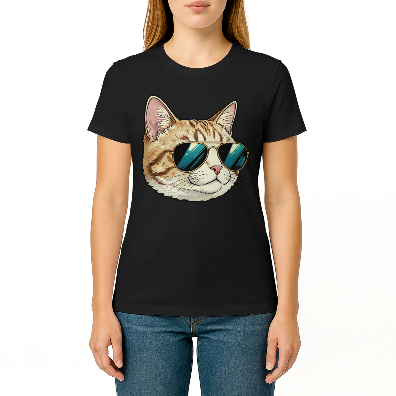 Cool Tabby Cat Gold Aviator Sunglasses Retro Cute Pet Graphic