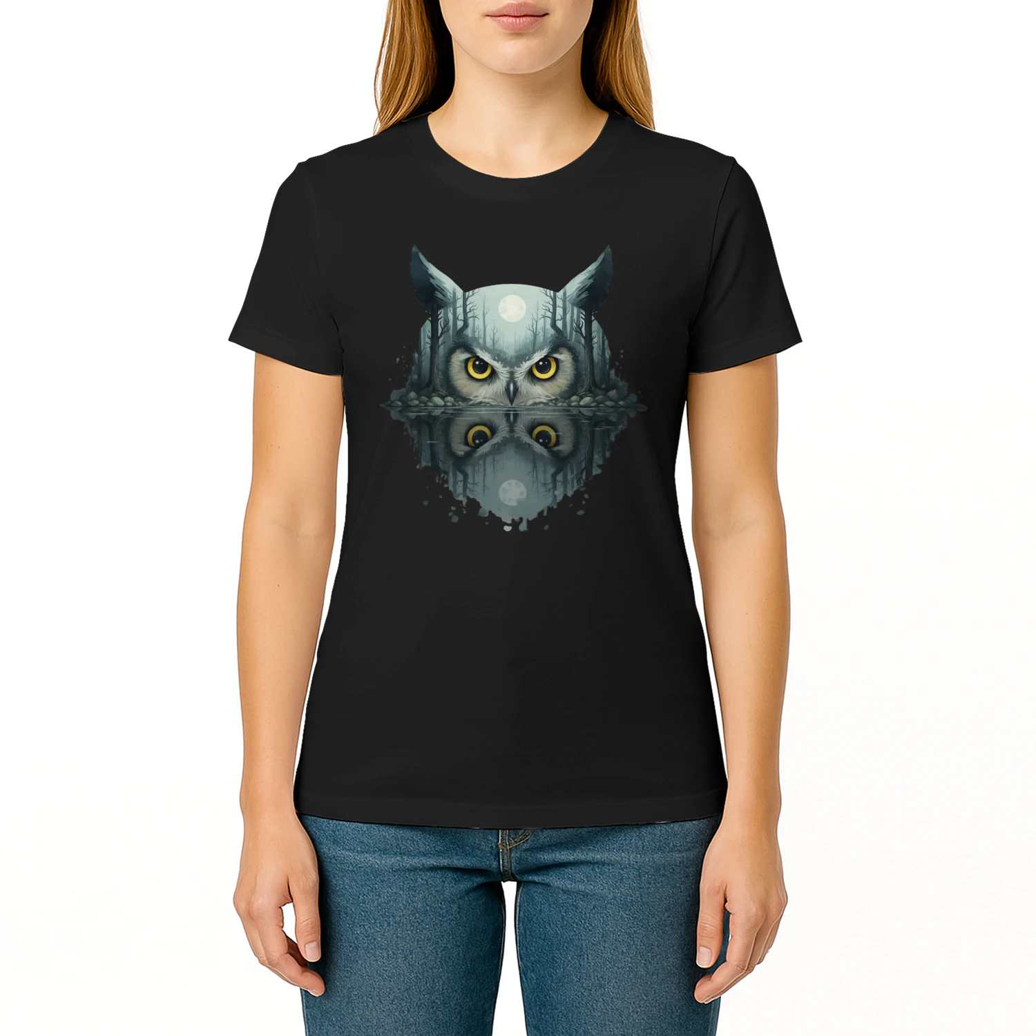 Mysterious Owl Night Forest Full Moon Water Reflection Double Exposure Graphic