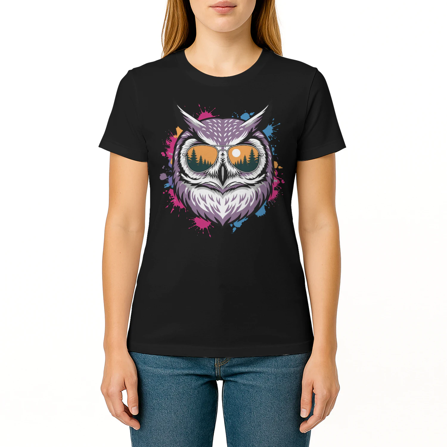 Colorful Owl Aviator Sunglasses Paint Splatter Sunset Forest