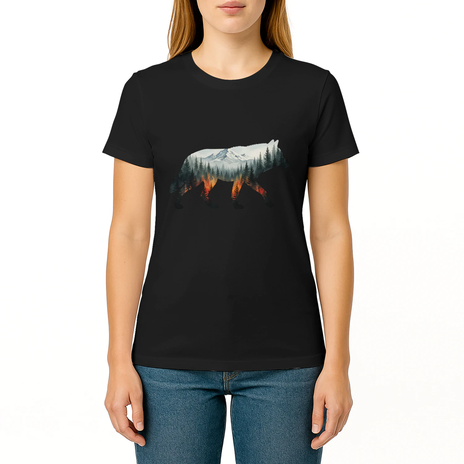 Majestic Wolf Silhouette Mountain Forest Fire Double Exposure Graphic