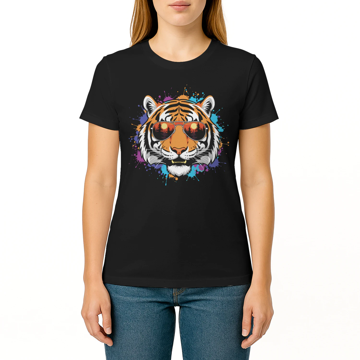 Colorful Tiger Aviator Sunglasses Paint Splatter Sunset Forest