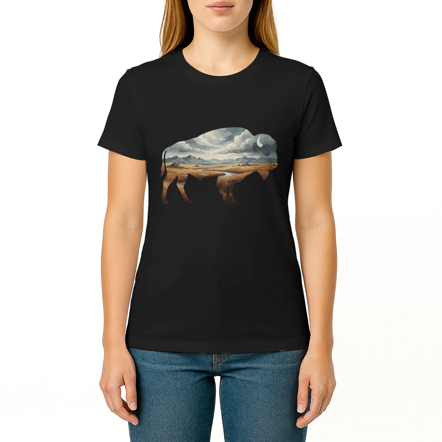 Majestic American Bison Buffalo Silhouette Great Plains Mountain River Double Exposure Graphic