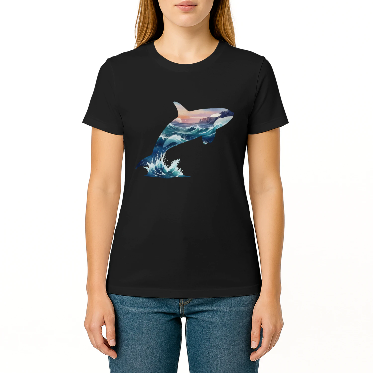 Majestic Jumping Orca Killer Whale Ocean Waves Sunset Double Exposure Graphic