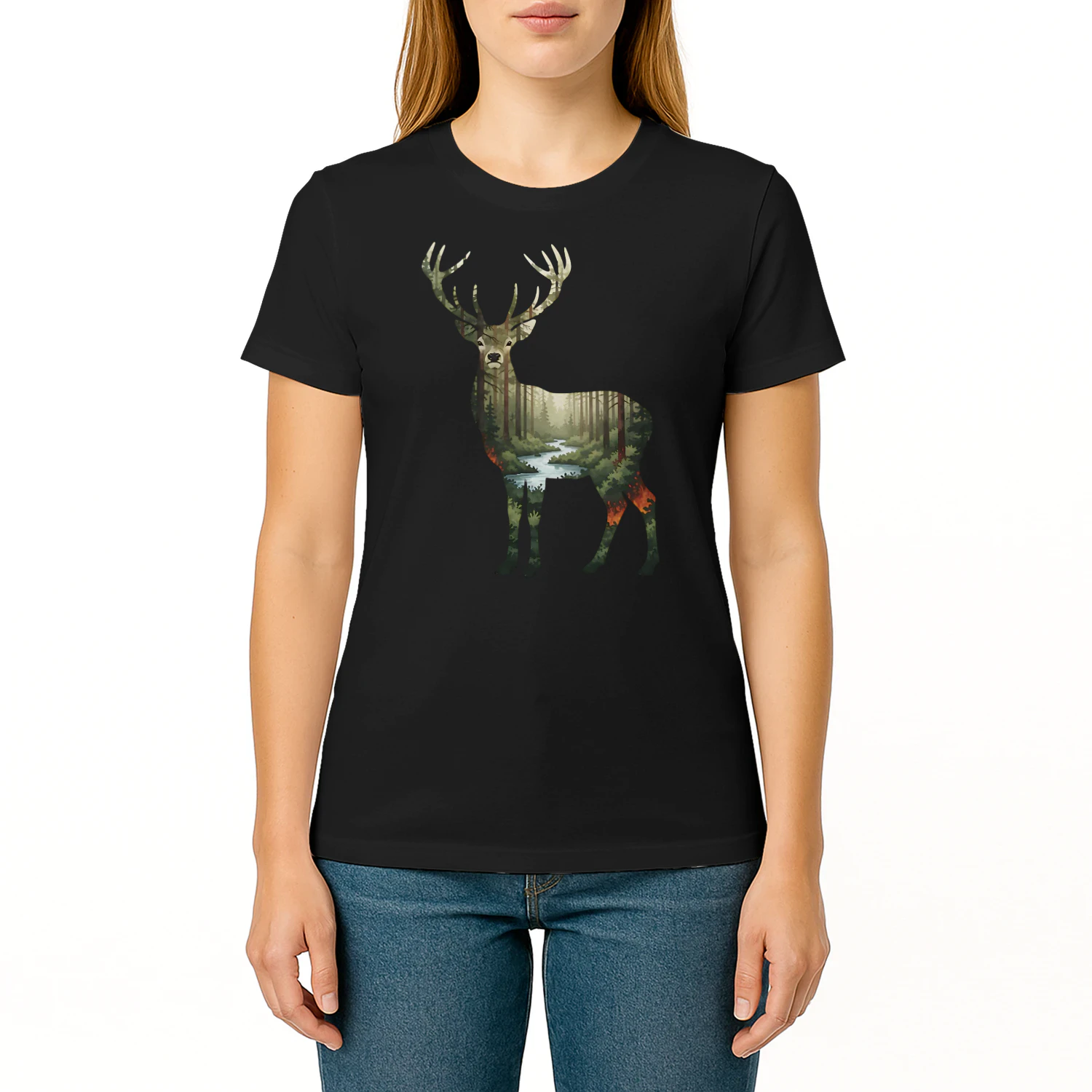 Majestic Buck Deer Silhouette Pine Forest River Stream Double Exposure Graphic