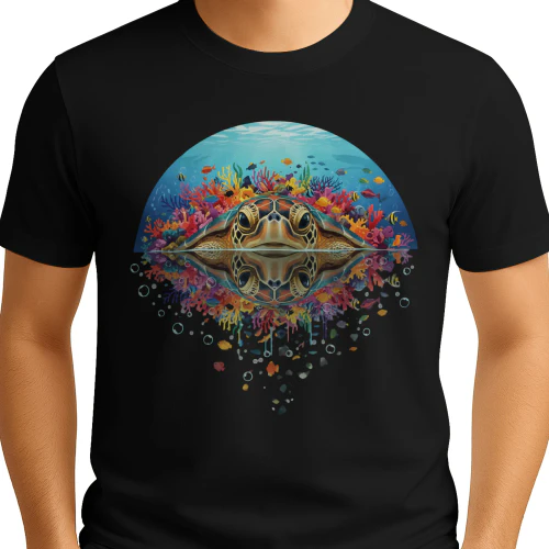 Majestic Sea Turtle Coral Reef Water Reflection Double Exposure Graphic