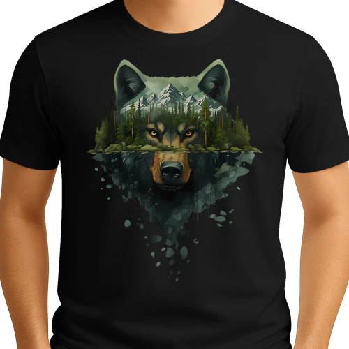 Majestic Wolf Mountain Forest Water Reflection Double Exposure Graphic