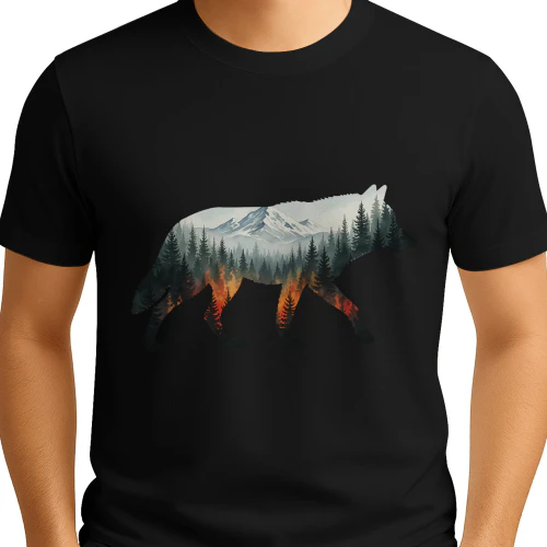 Majestic Wolf Silhouette Mountain Forest Fire Double Exposure Graphic