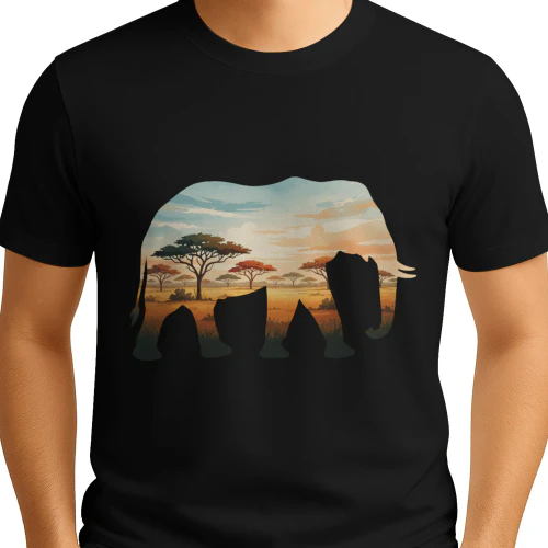 Majestic Elephant Silhouette African Savannah Sunset Acacia Trees Double Exposure Graphic